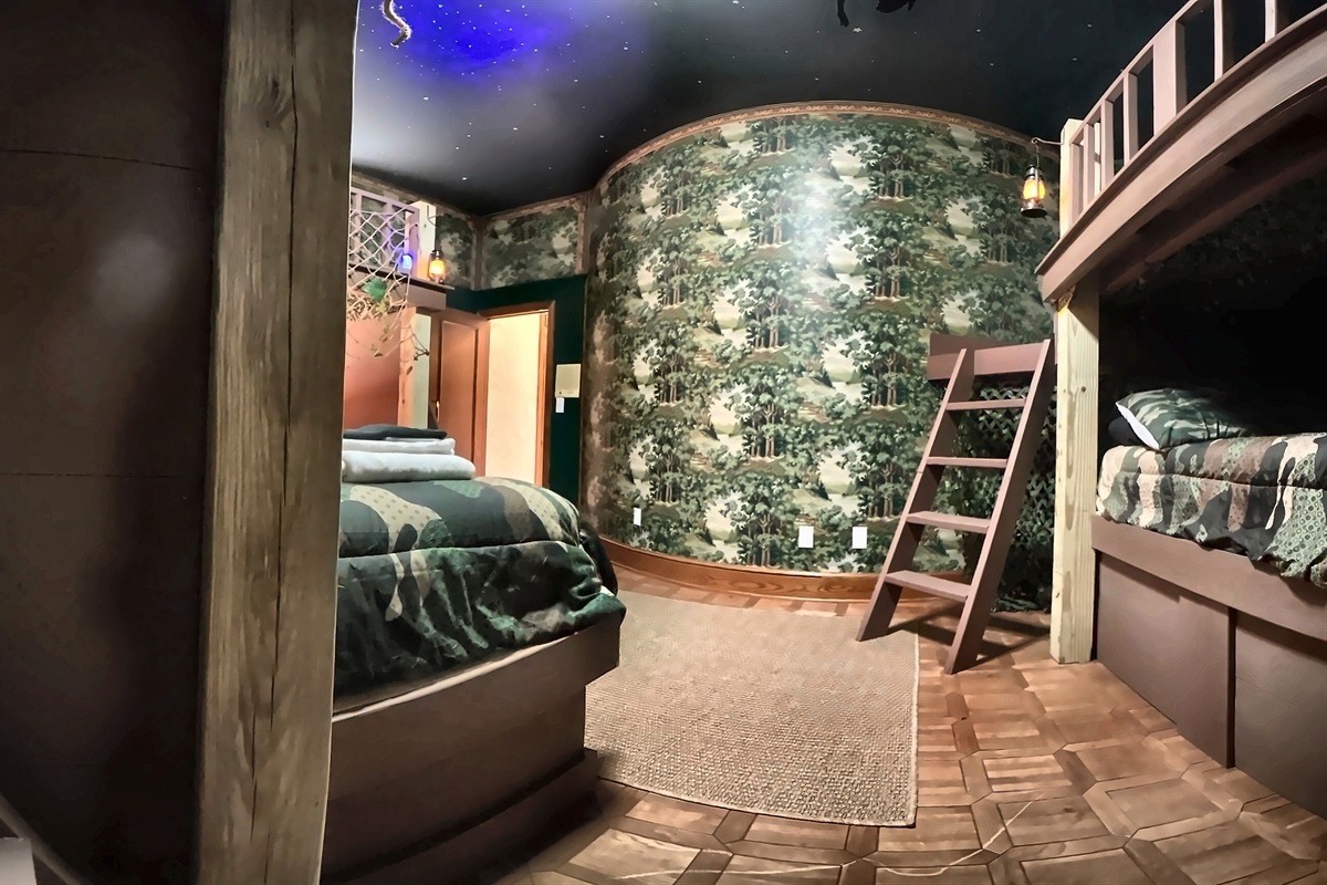 Sleep up to 10 in the Lost Boys Hideout bedroom! 
4 twin beds, 3 full beds