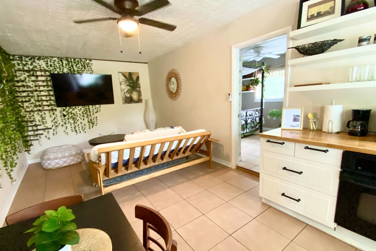 Living room in guest house with futon, sleeps additional two people, smart TV with Roku, and kitchenette.
