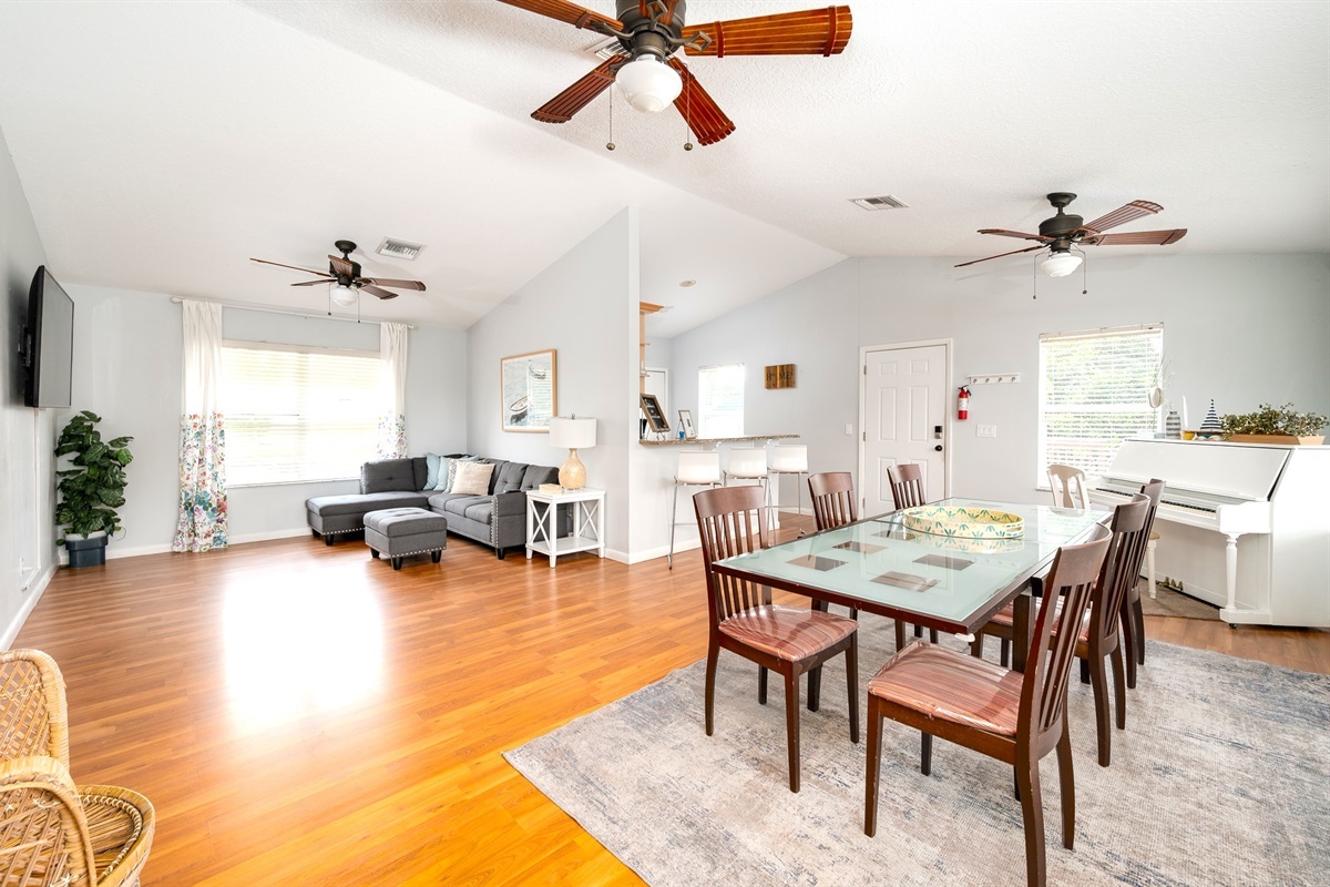 Bright and airy open living and dining space.