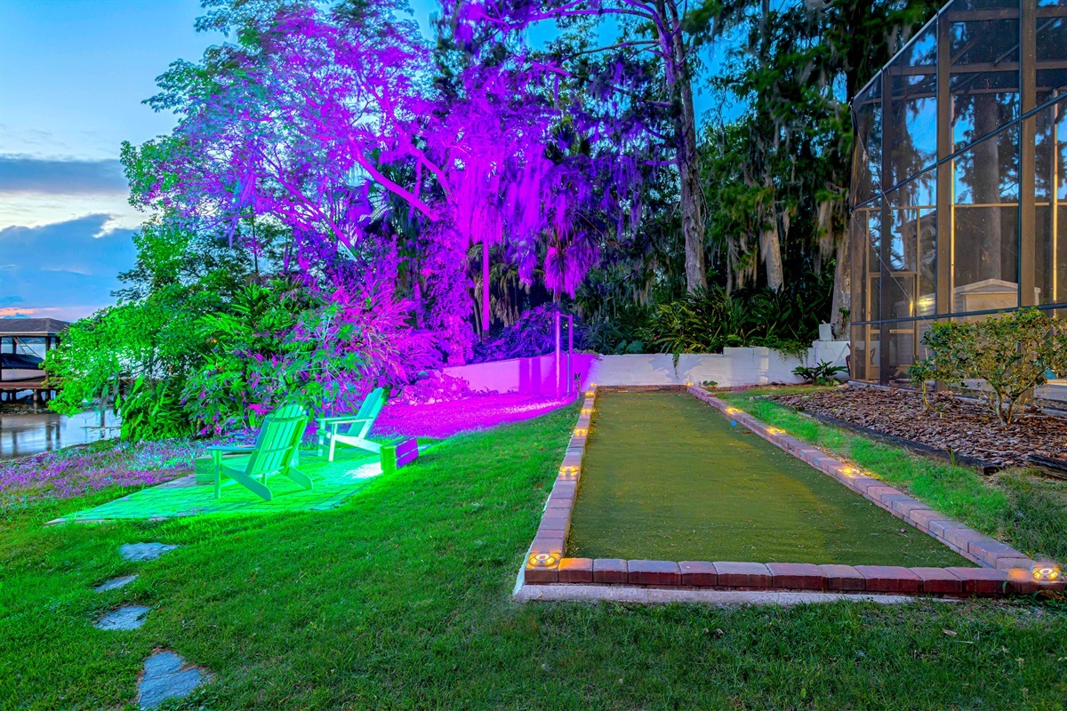 Bocce ball, fire pit, lake, and LED lights!