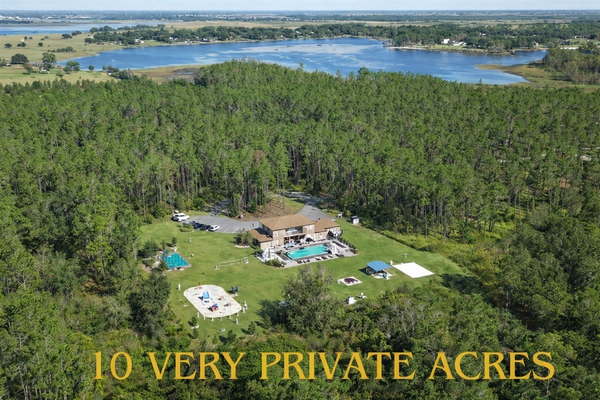 Estate aerial view showing total privacy on 10 acres