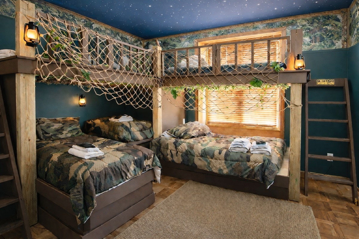 Sleep up to 10 in the Lost Boys Hideout bedroom! 
4 twin beds, 3 full beds