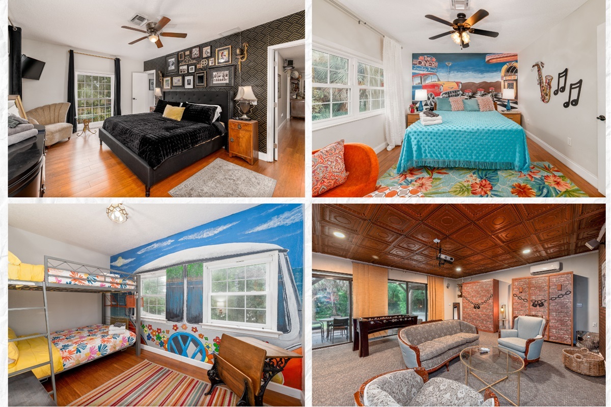 Step into the 20s, 50s, and 60s ✨ Each themed bedroom brings fun, charm, and nostalgia to your stay.