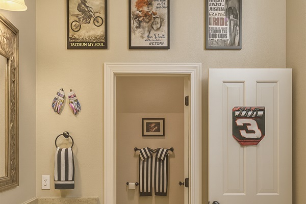 Fun sports-themed half bath for a playful touch