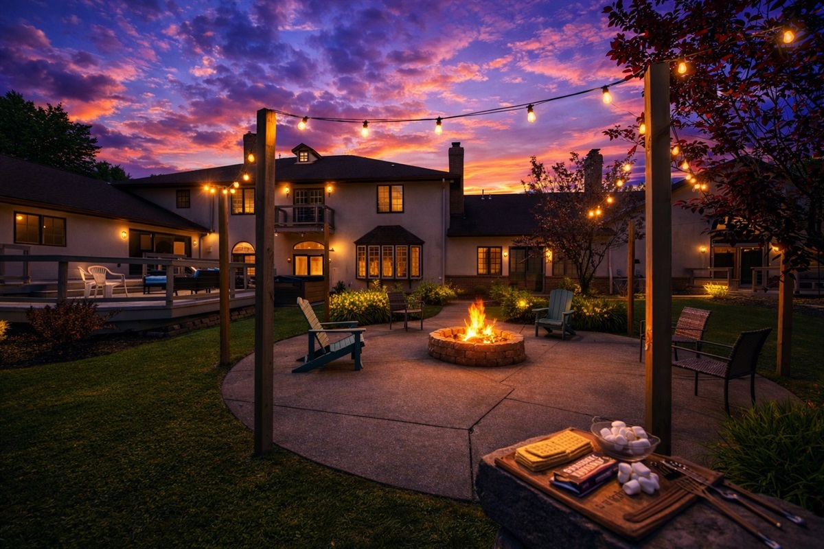 Enjoy the view of the house with a picturesque sky and inviting fire pit.