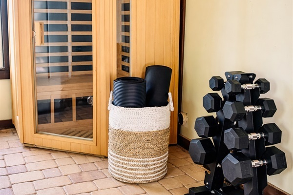 Relax and recharge with our private sauna and exercise equipment.