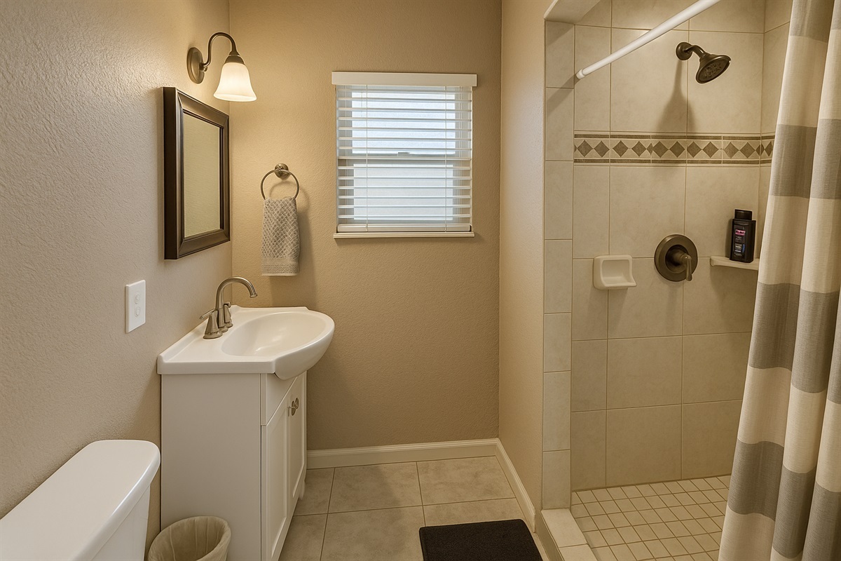 Warm, modern bath with glass shower and soft lighting
