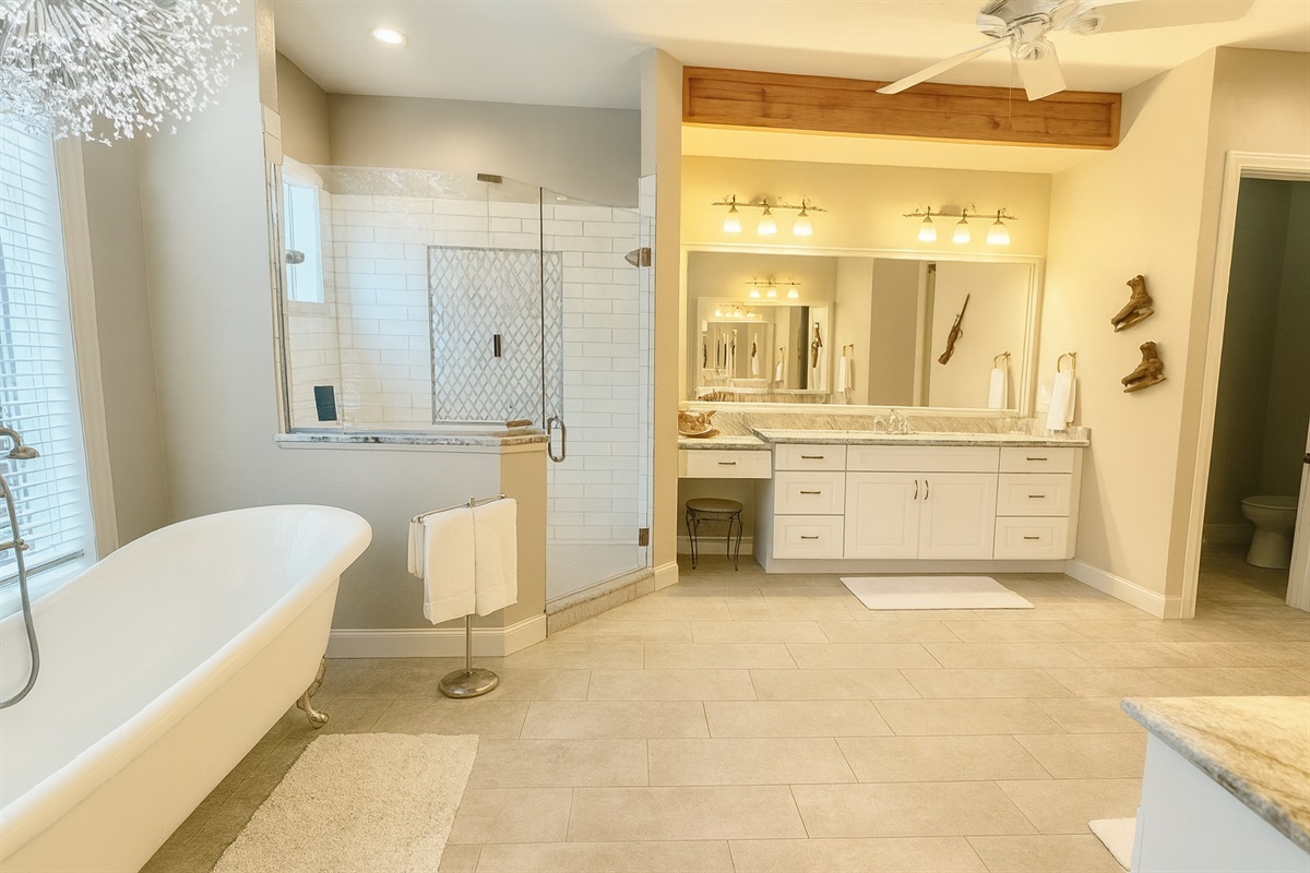 Luxurious primary bath with soaking tub and walk-in shower