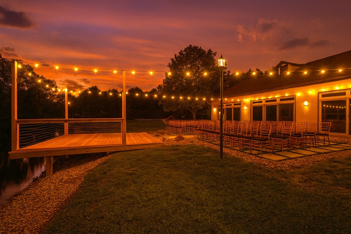 market lights over the patio at sunset