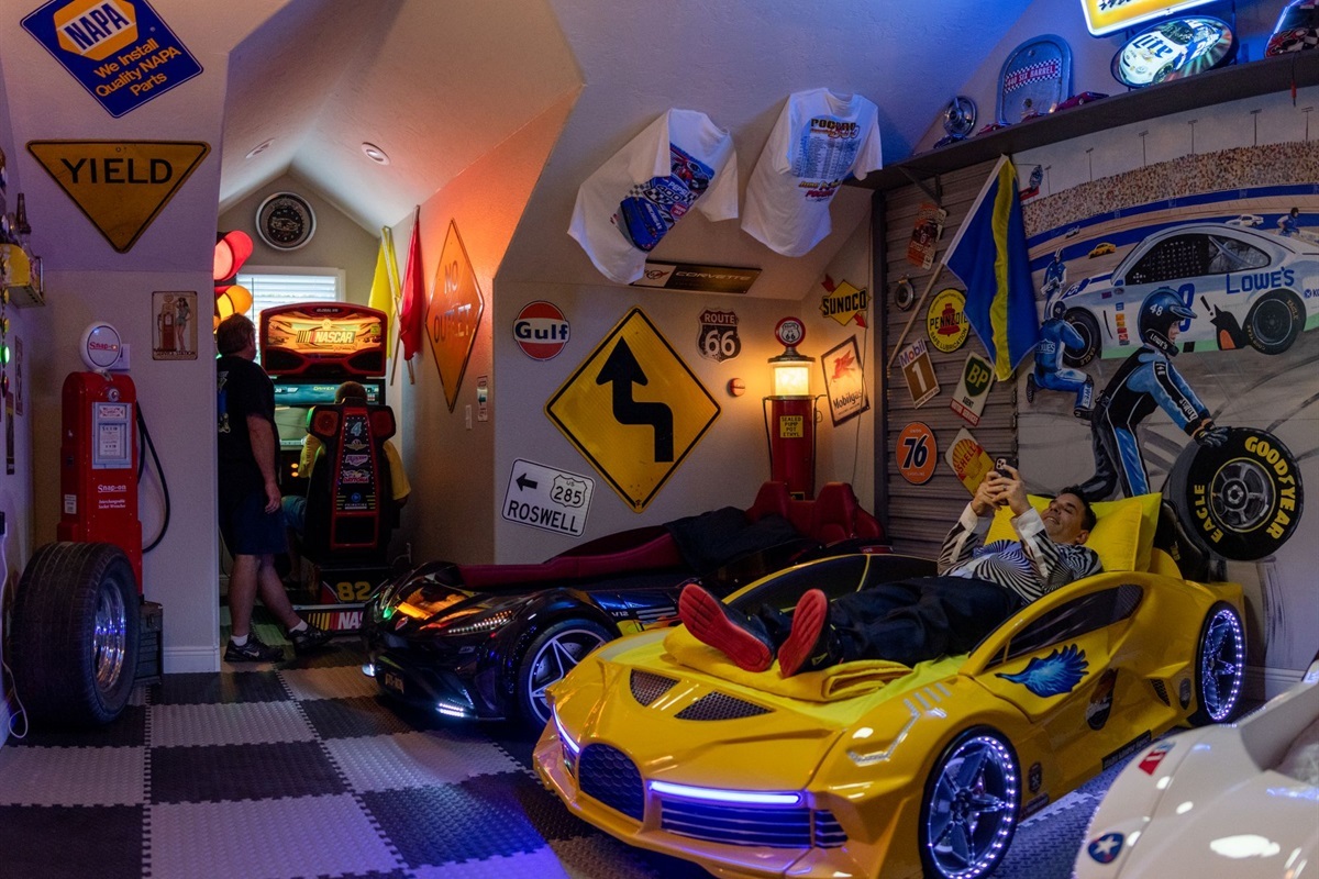 Start your engines! Our race car room is a favorite for kids and adults.