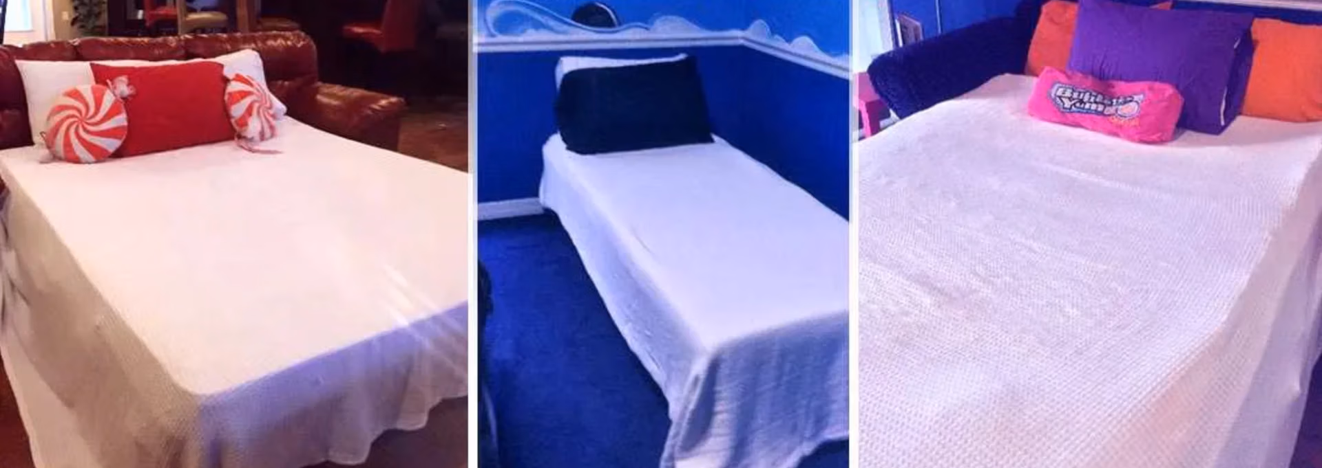 Three sleeping alcoves with candy-themed pillows in Candy Around the World Alcove at The Sweet Escape