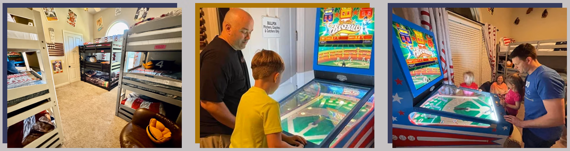 Baseball Card Bedroom with bunk beds and baseball arcade game at Lake Louisa Chateau