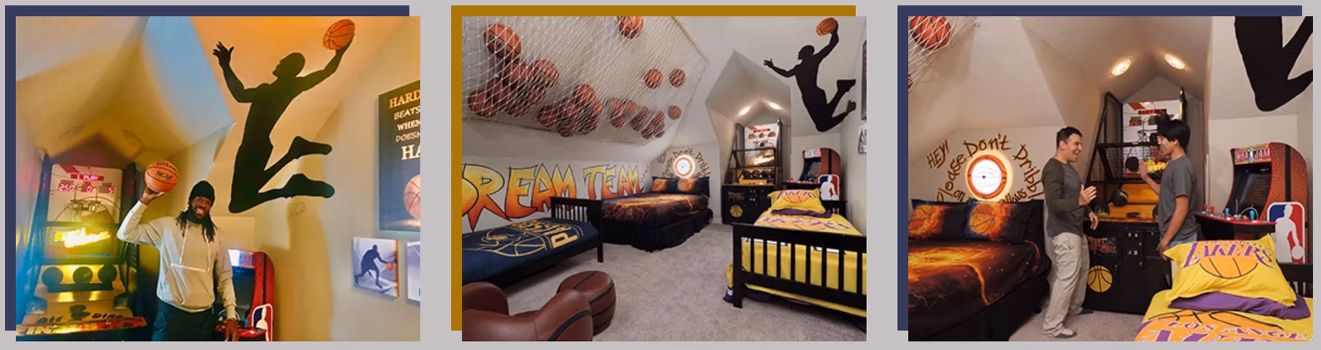 Basketball Bedroom with hoops, Dream Team decor, and NBA-themed beds at Lake Louisa Chateau