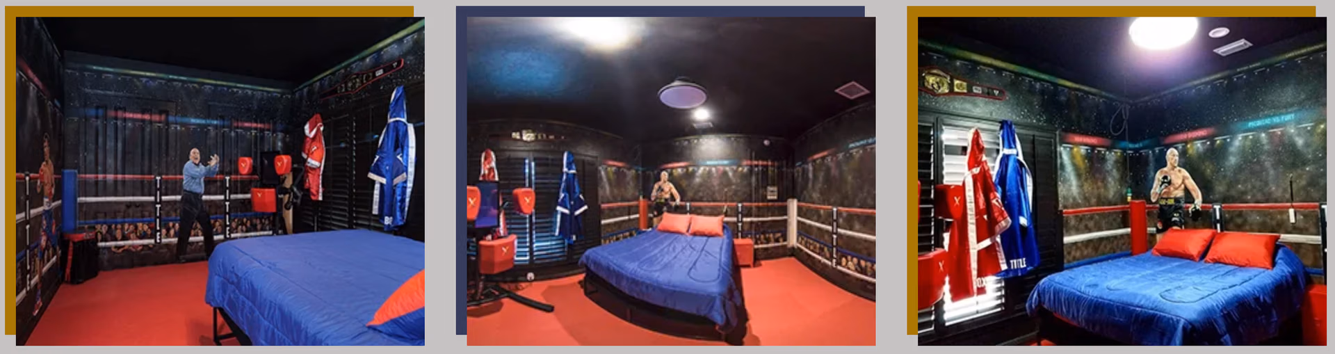 Three-panel comparison of Boxing Ringside Bedroom with ring, bed, and boxing gear at Lake Louisa Chateau