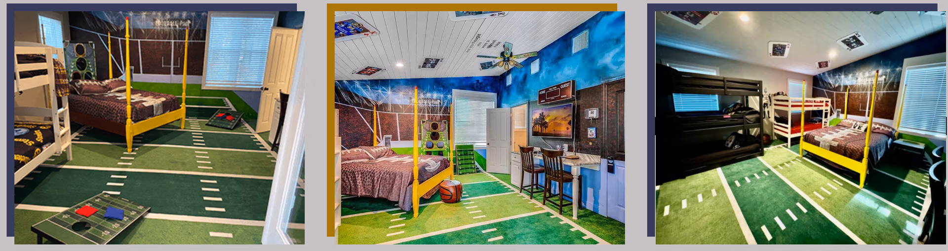 Fantasy Football Bedroom with astroturf floor, goal posts, and football bunk beds at Lake Louisa Chateau