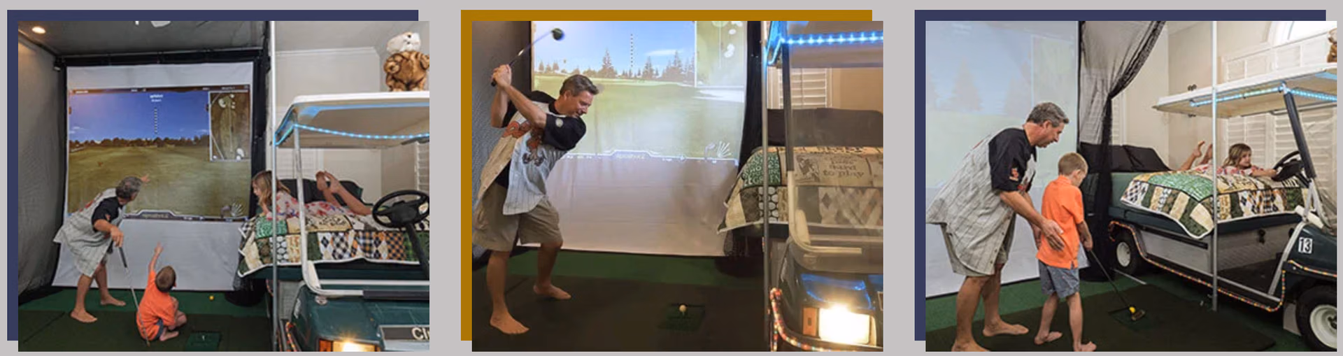Golf Simulator Bedroom with projection screen, golf cart, and bunk beds at Lake Louisa Chateau