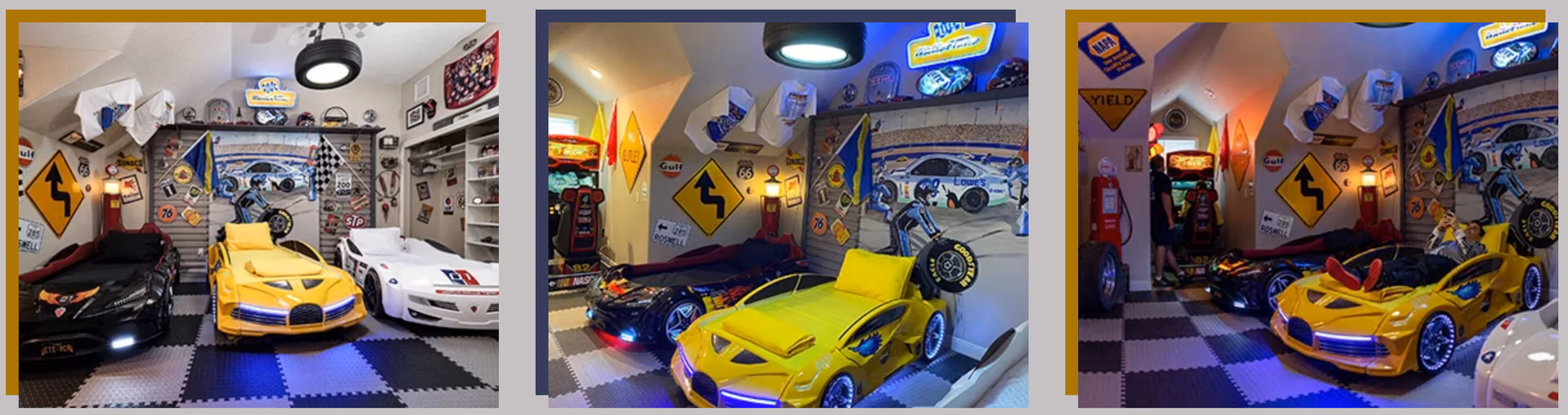 NASCAR Racecar Bedroom with race car shaped beds and checkered floor at Lake Louisa Chateau