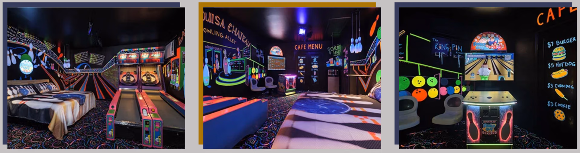 Three-panel comparison of Glow-In-The-Dark Bowl Bedroom with bed, bowling lane, and cafe at Lake Louisa Chateau