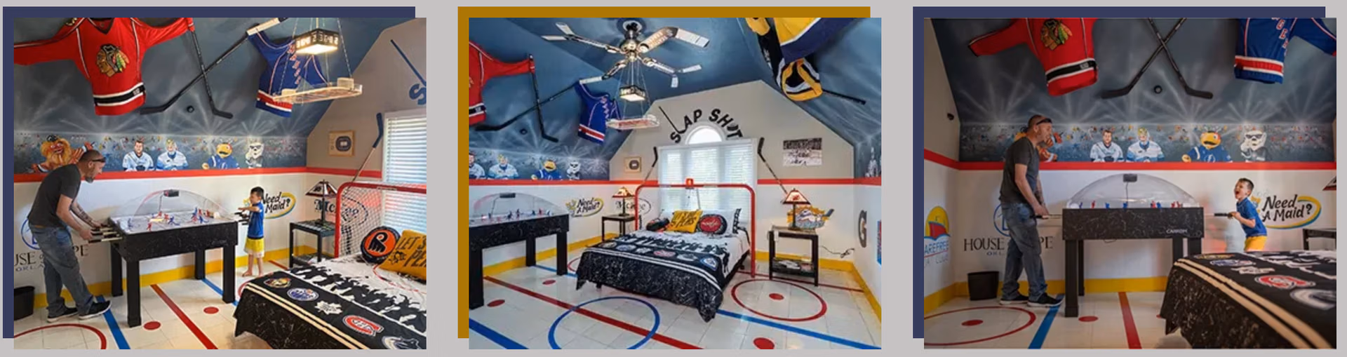 Ice Hockey Bedroom comparison views with rink floor, jerseys, and air hockey table at Lake Louisa Chateau