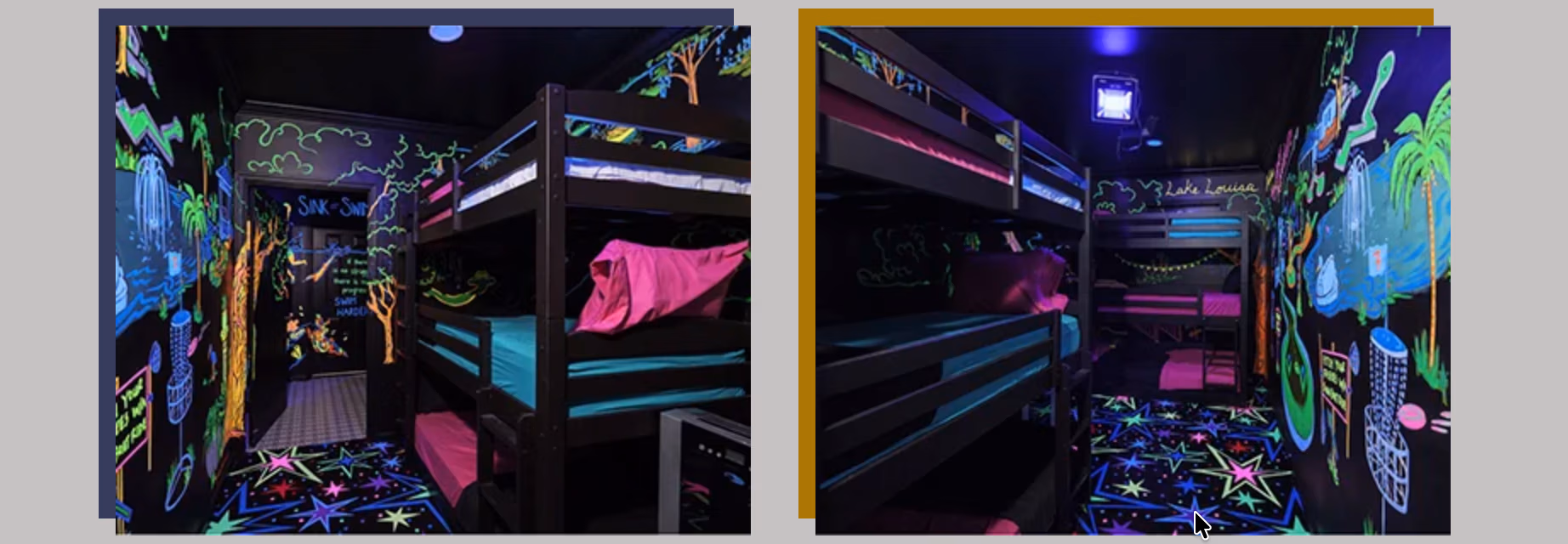 Side-by-side screenshot of Mini Golf Glow Room with UV blacklight murals at Lake Louisa Chateau