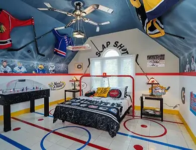 The Ice Hockey Bedroom at Lake Louisa Chateau — Orlando vacation rental